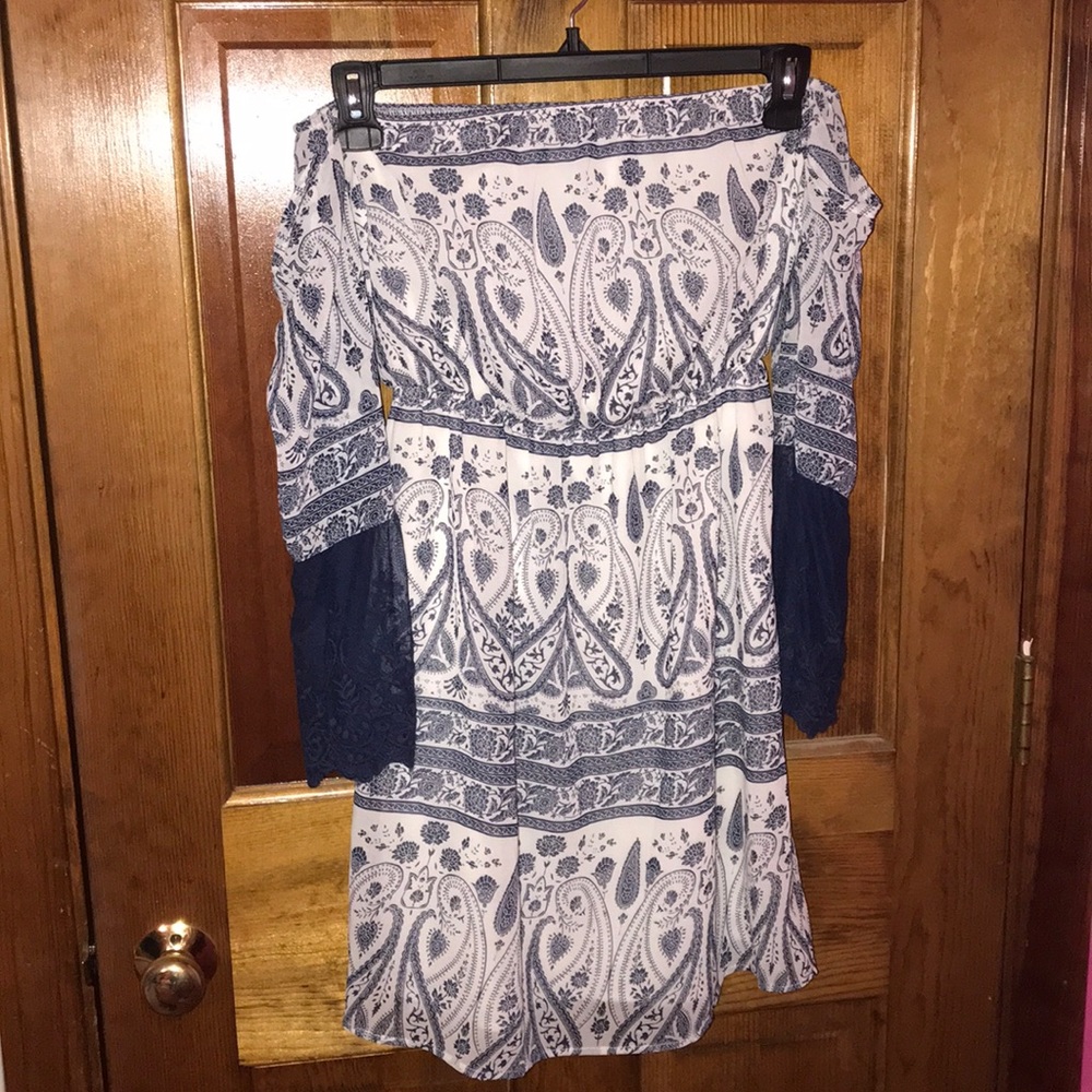 White Navy Paisley Print OTS Bell Sleeve Dress
